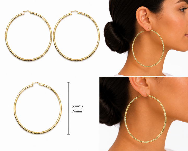 10K Yellow Gold Feather Hoops 3 inch - real solid gold earrings on pure white, shown worn at true size. STF Diamonds, Los Angeles.