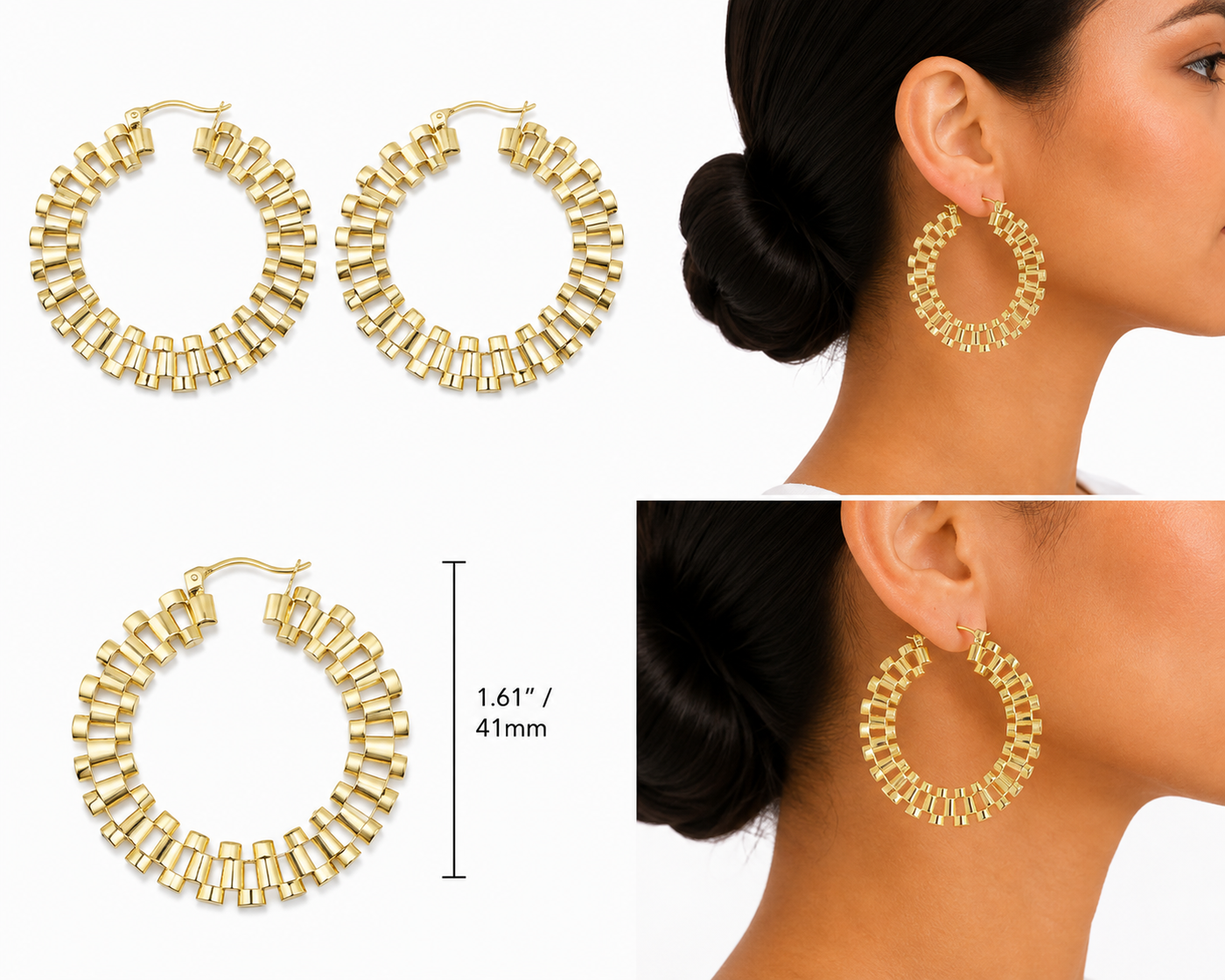 10K Solid Yellow Gold Presidential Link Flat Hoops, 1.6 inch - solid gold watch-band link hoops from STF Diamonds, Los Angeles
