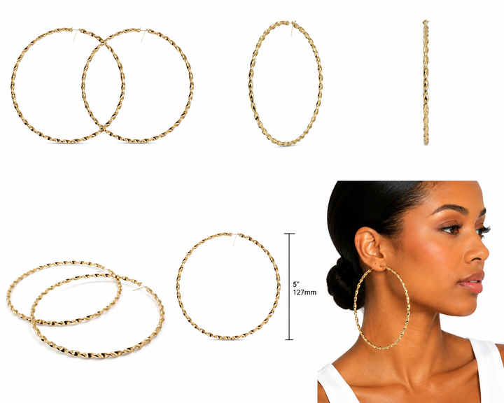10K Yellow Gold 3.3mm Twist Hoop Earrings 5 inch diameter - real solid gold earrings on pure white, shown worn at true size. STF Diamonds, Los Angeles.