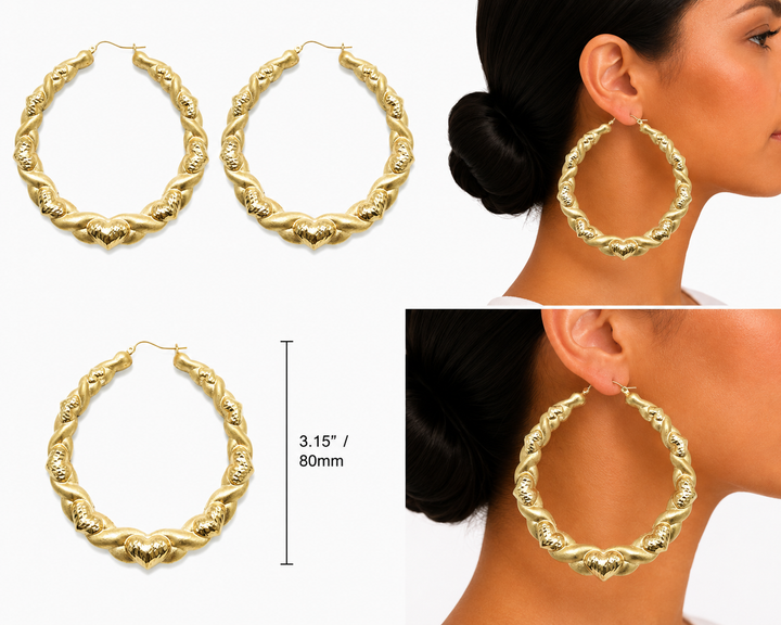 10K Yellow Gold Heart XO Hoop Earrings 80mm - real solid gold earrings on pure white, shown worn at true size. STF Diamonds, Los Angeles.