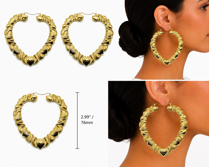 10K Yellow Gold Hearts Pattern Hoop Earrings 3 inch - real solid gold earrings on pure white, shown worn at true size. STF Diamonds, Los Angeles.