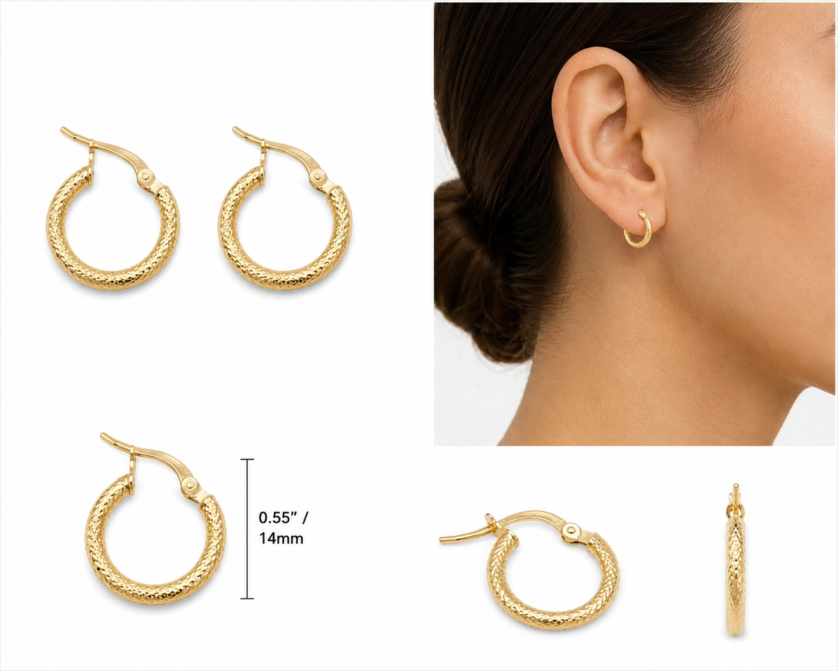 10K Yellow Gold Honey Hoops huggie 14mm - real solid gold earrings on pure white, shown worn at true size. STF Diamonds, Los Angeles.