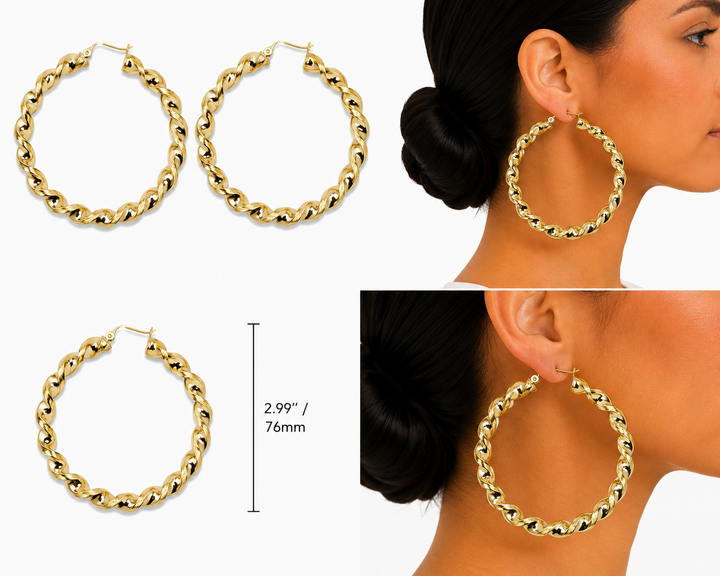 10K Yellow Gold Large Chunky Twist Hoops 3 inch - real solid gold earrings on pure white, shown worn at true size. STF Diamonds, Los Angeles.
