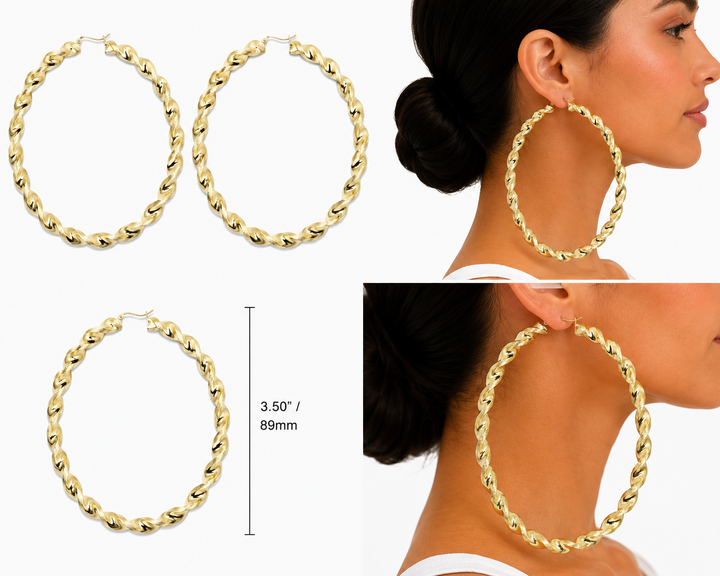10K Yellow Gold Matte Cut Twist Hoops 3.5 inch - real solid gold earrings on pure white, shown worn at true size. STF Diamonds, Los Angeles.