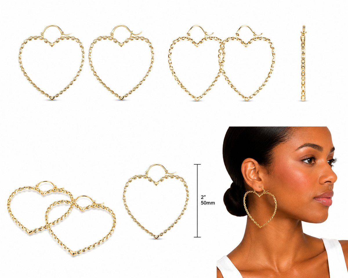 10K Solid Yellow Gold Presidential Link Heart Hoops, 2 inch - solid gold watch-band link heart hoops from STF Diamonds, Los Angeles