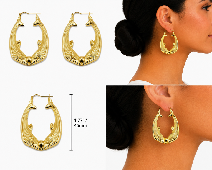 10K Yellow Gold Whale Hoop Earrings large - real solid gold earrings on pure white, shown worn at true size. STF Diamonds, Los Angeles.