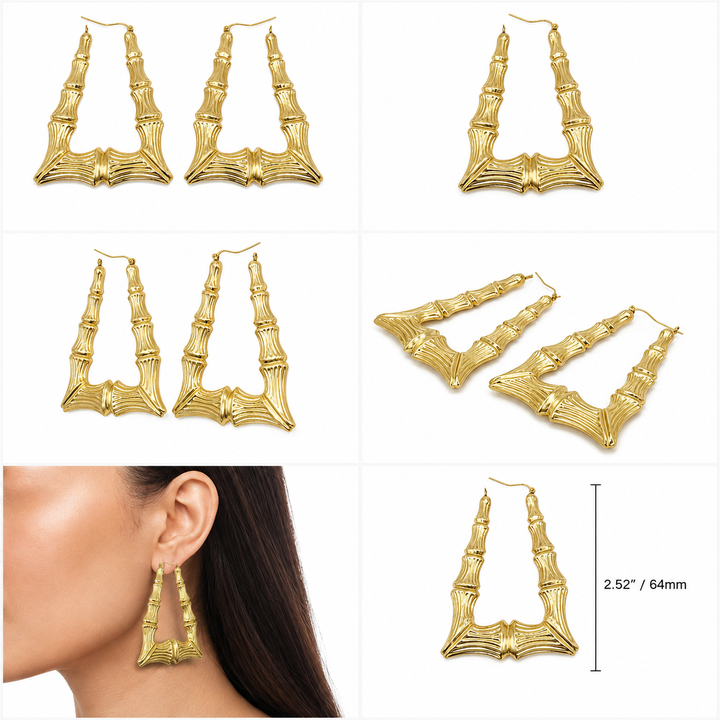 10K Yellow Gold XL Door Knocker Bamboo Hoop Earrings - real solid gold earrings on pure white, shown worn at true size. STF Diamonds, Los Angeles.