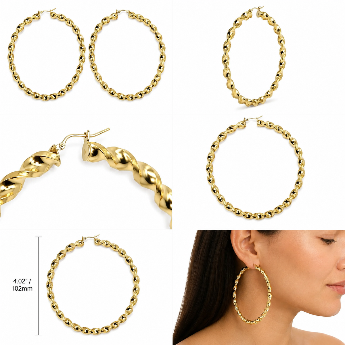10K Yellow Gold XL Fancy Twist Hoops 4 inch - real solid gold earrings on pure white, shown worn at true size. STF Diamonds, Los Angeles.