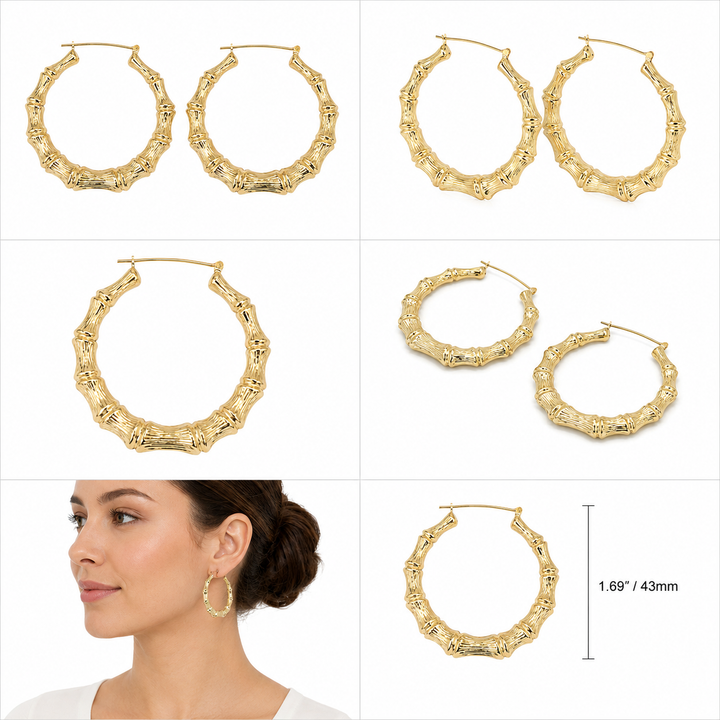14K Yellow Gold Bamboo Hoops 1.7 inch - real solid gold earrings on pure white, shown worn at true size. STF Diamonds, Los Angeles.