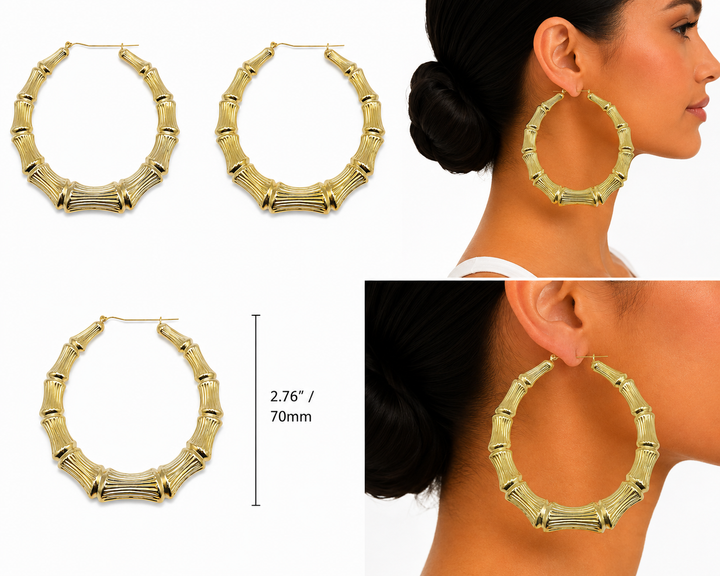 14K Yellow Gold Bamboo Hoops 2.75 inch - real solid gold earrings on pure white, shown worn at true size. STF Diamonds, Los Angeles.