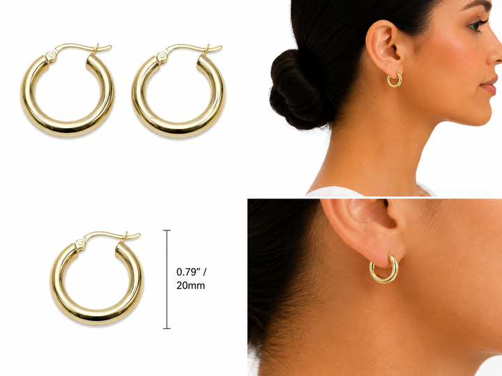 14K Yellow Gold Classic Gold Mini Hoops 20mm - real solid gold earrings on pure white, shown worn at true size. STF Diamonds, Los Angeles.