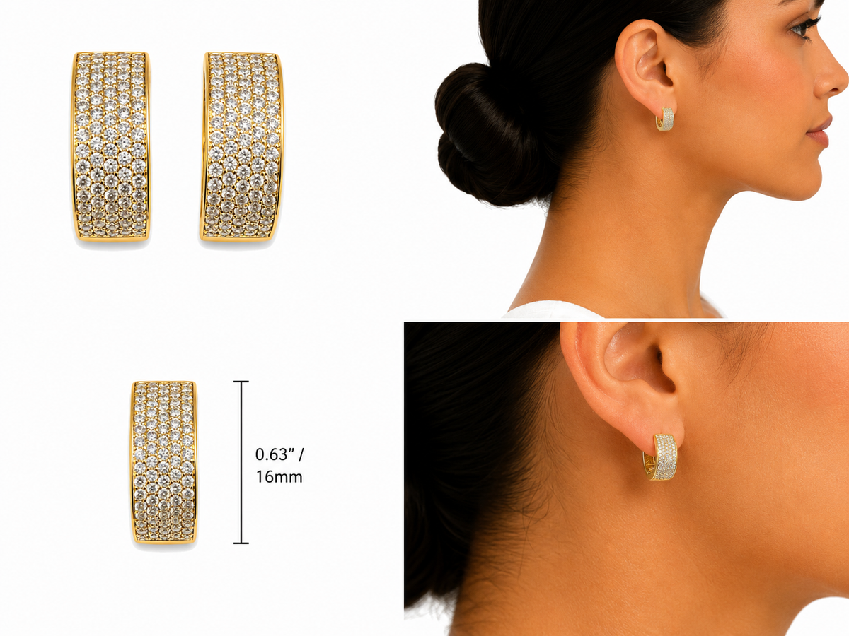 14K Yellow Gold Diamond Hoop Earrings - real solid gold earrings on pure white, shown worn at true size. STF Diamonds, Los Angeles.