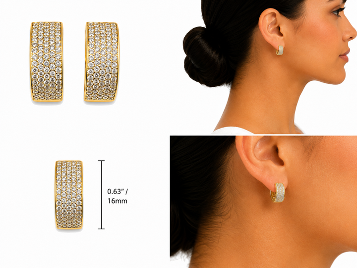 14K Yellow Gold Diamond Hoop Earrings - real solid gold earrings on pure white, shown worn at true size. STF Diamonds, Los Angeles.