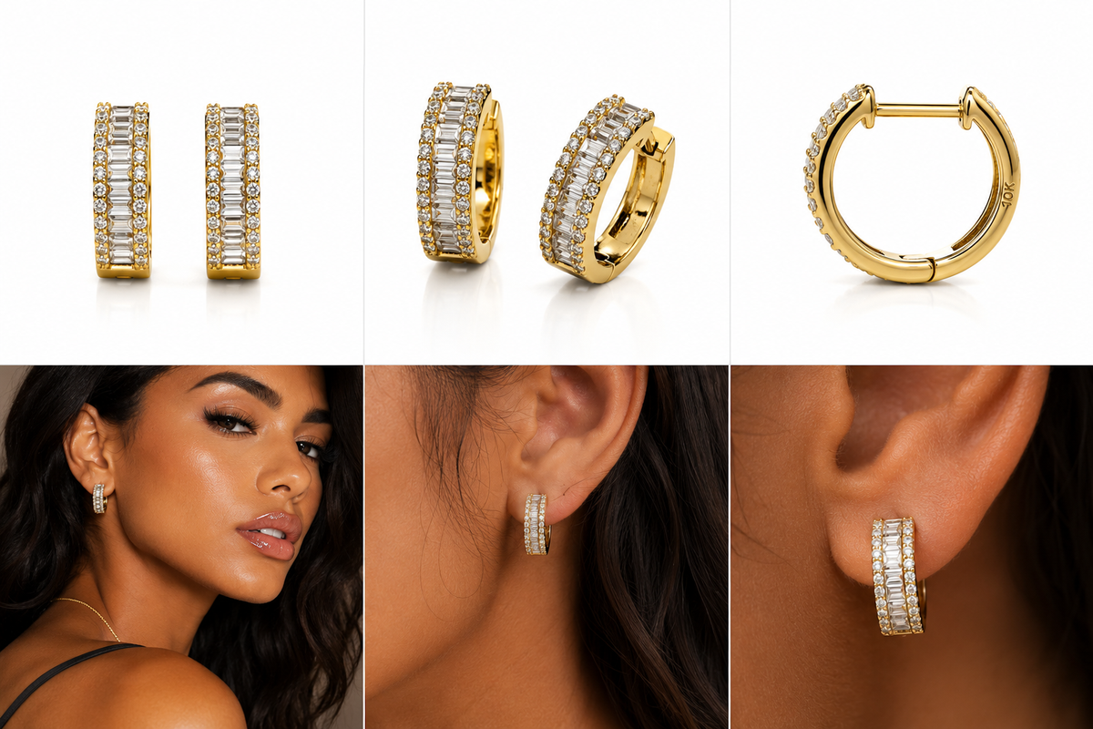 14K Yellow Gold Huggies with CZ thicker hoop earrings - real solid gold earrings on pure white, shown worn at true size. STF Diamonds, Los Angeles.
