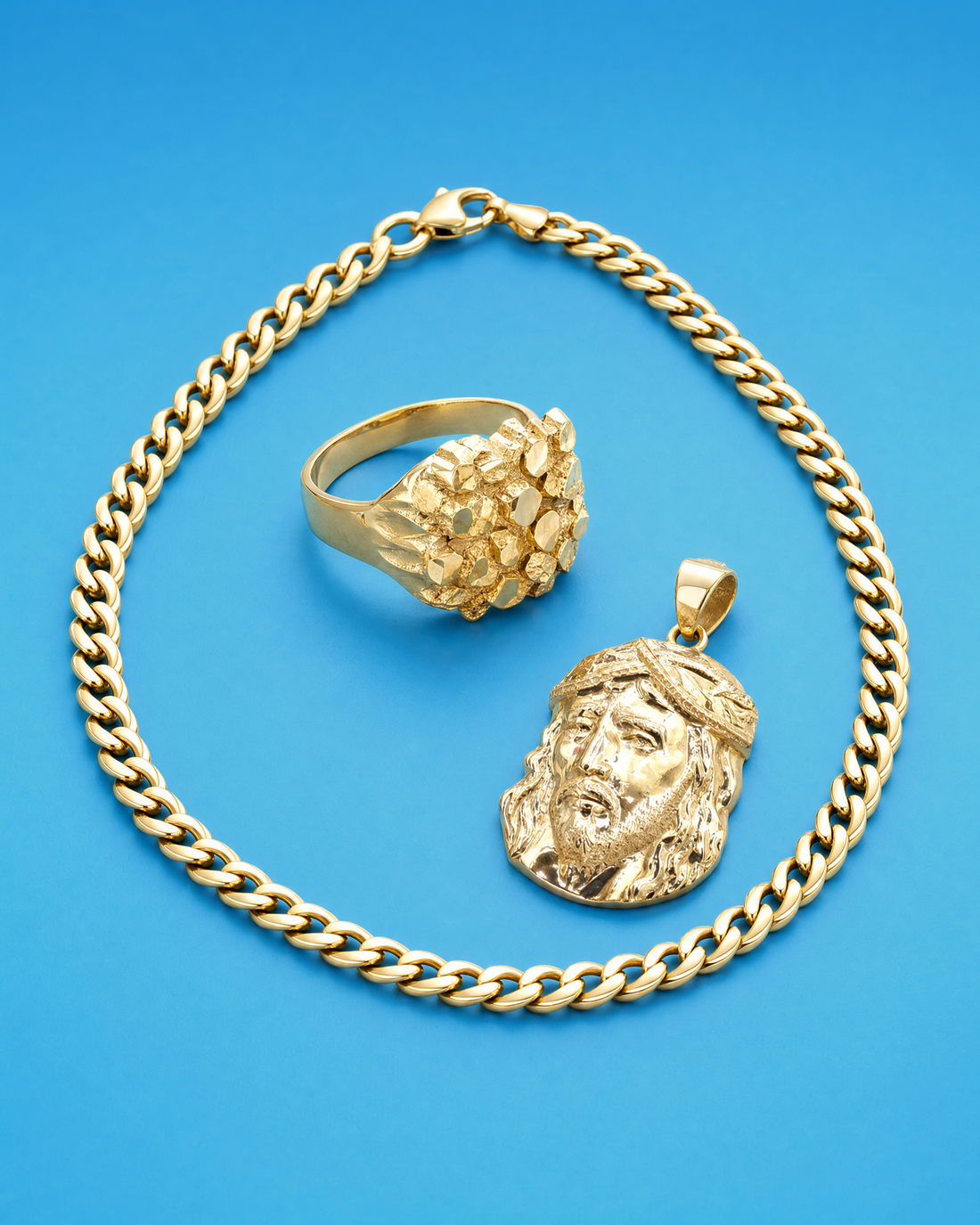Gifts for Him — Cuban chain, nugget ring and Jesus pendant