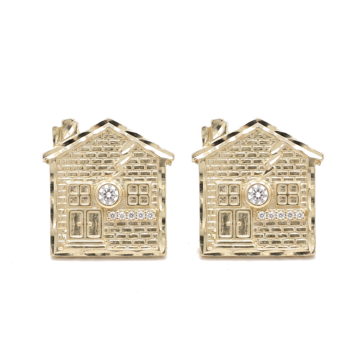 10K Solid Yellow Gold Diamond-Cut Trap House CZ Stud Earrings