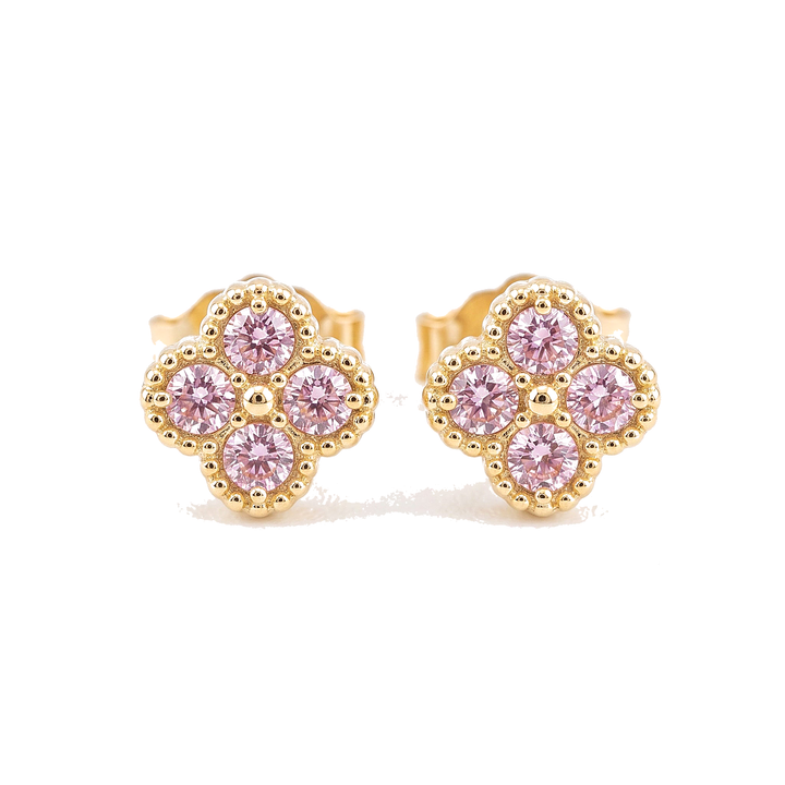 Trébol Rosa — Micro Pink CZ Clover Studs, 10K Yellow Gold