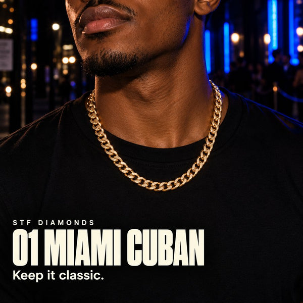 Miami Cuban chain in solid gold, worn by a model - STF Diamonds
