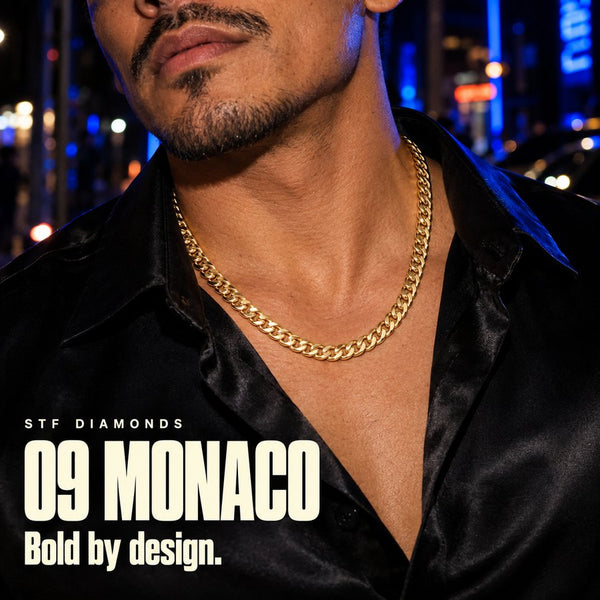 Monaco chain in solid gold, worn by a model - STF Diamonds