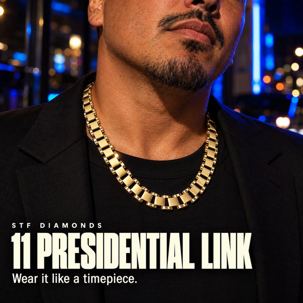 Presidential Link chain in solid gold, worn by a model - STF Diamonds